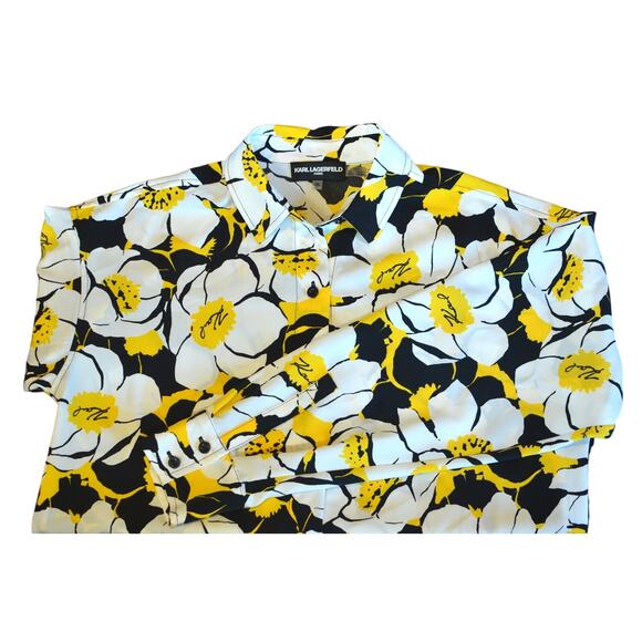 Karl Lagerfeld Paris Yellow & Black Floral Print Daffodil Button Front Blouse - Picture 2 of 6